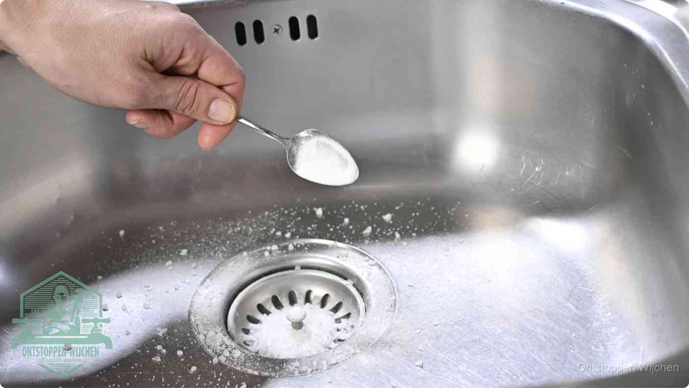 Een hand strooit met een lepel soda in de afvoer van een roestvrijstalen spoelbak, de soda en azijn huismiddel-methode om de afvoer te ontstoppen in Wijchen