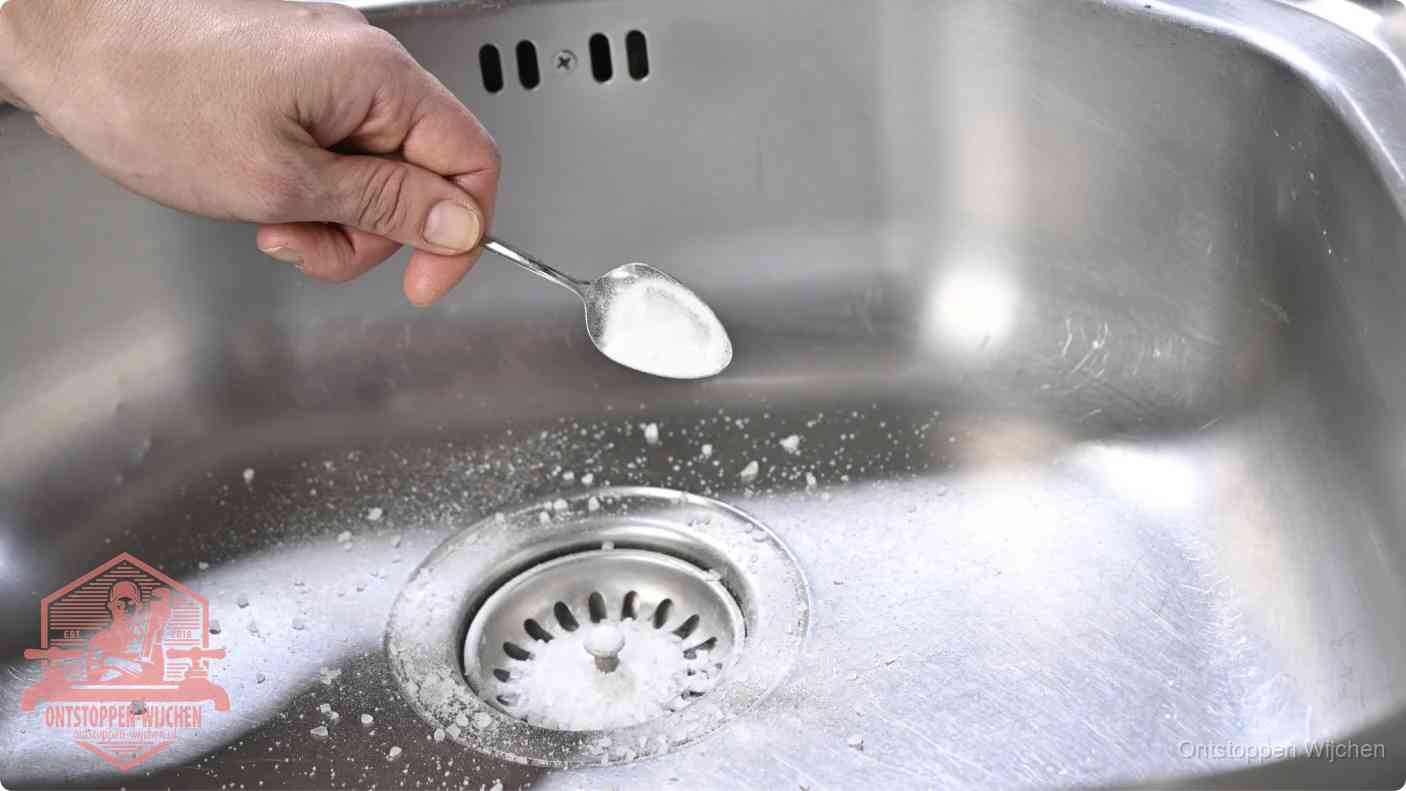 Een hand strooit met een lepel soda in het afvoerputje van een rvs spoelbak, de soda en azijn huismiddel-methode in Wijchen