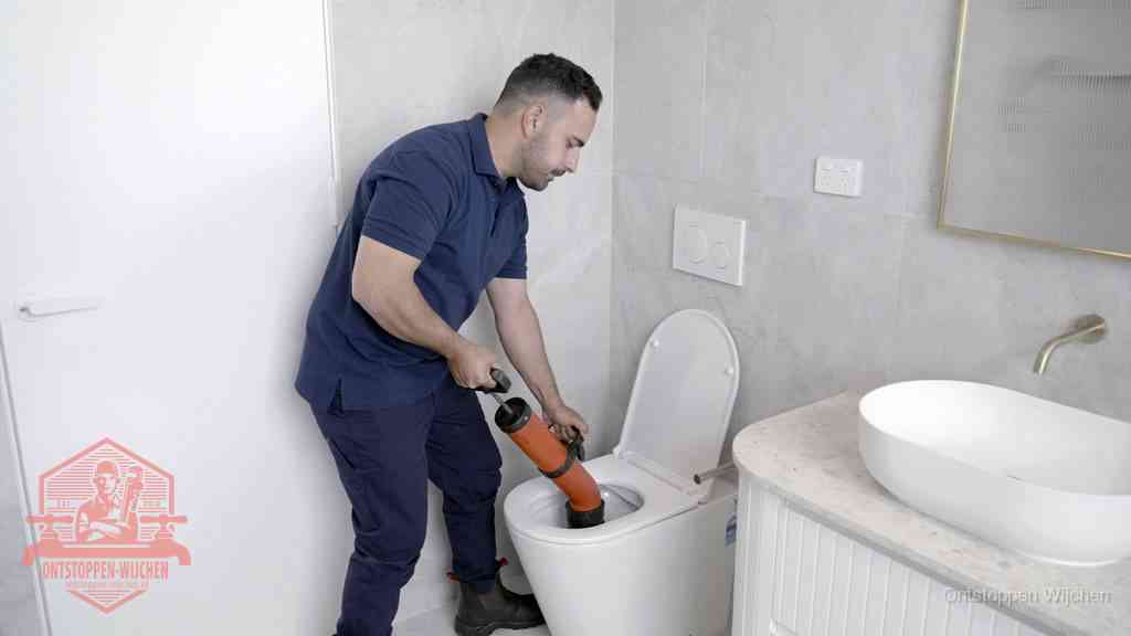 Een monteur gebruikt een handmatige perspomp (toiletontstopper) op een wandcloset tijdens het professioneel wc ontstoppen in Wijchen